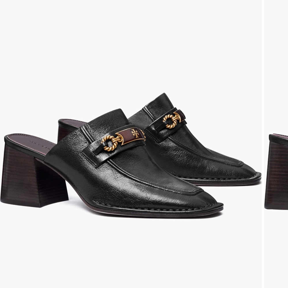 Tory Burch Black Leather Mules with Gold Hardware